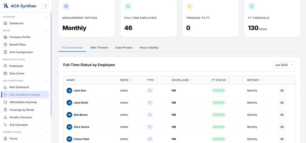 ACA Compliance Engine screen in ACA Synthax
