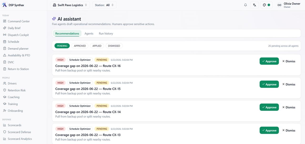 AI assistant recommendations queue with pending items and one-click approve or dismiss