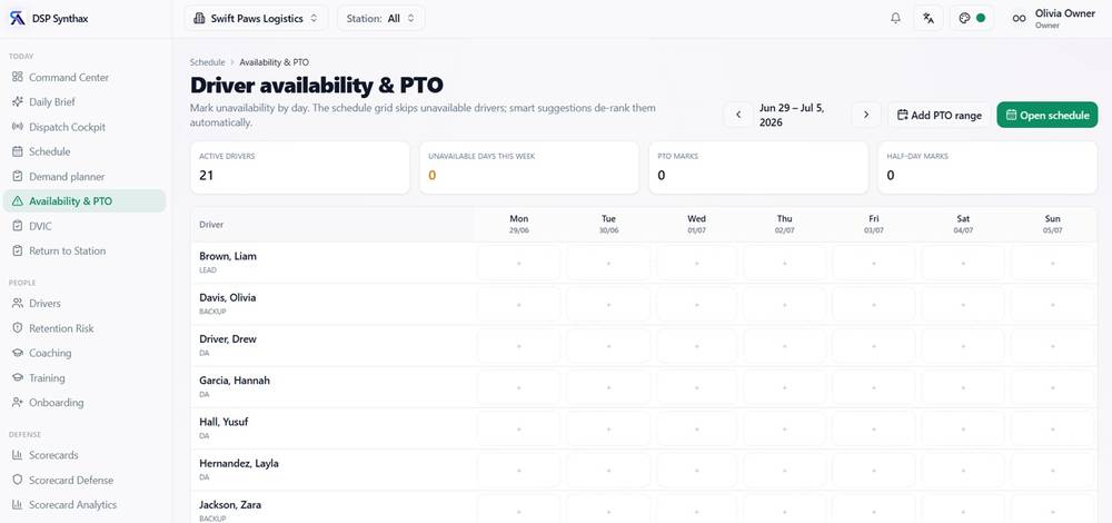 Availability & PTO screen in DSP Synthax