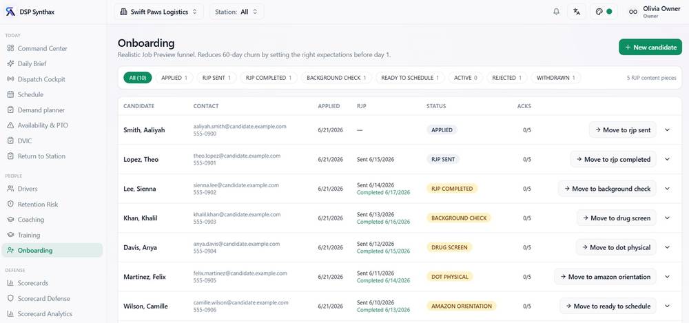 Onboarding Pipeline screen in DSP Synthax