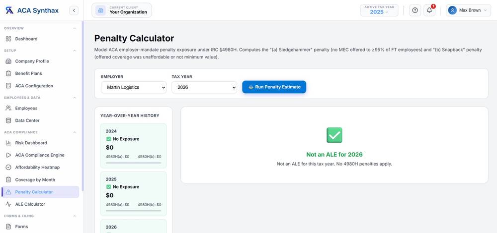 Penalty Calculator screen in ACA Synthax