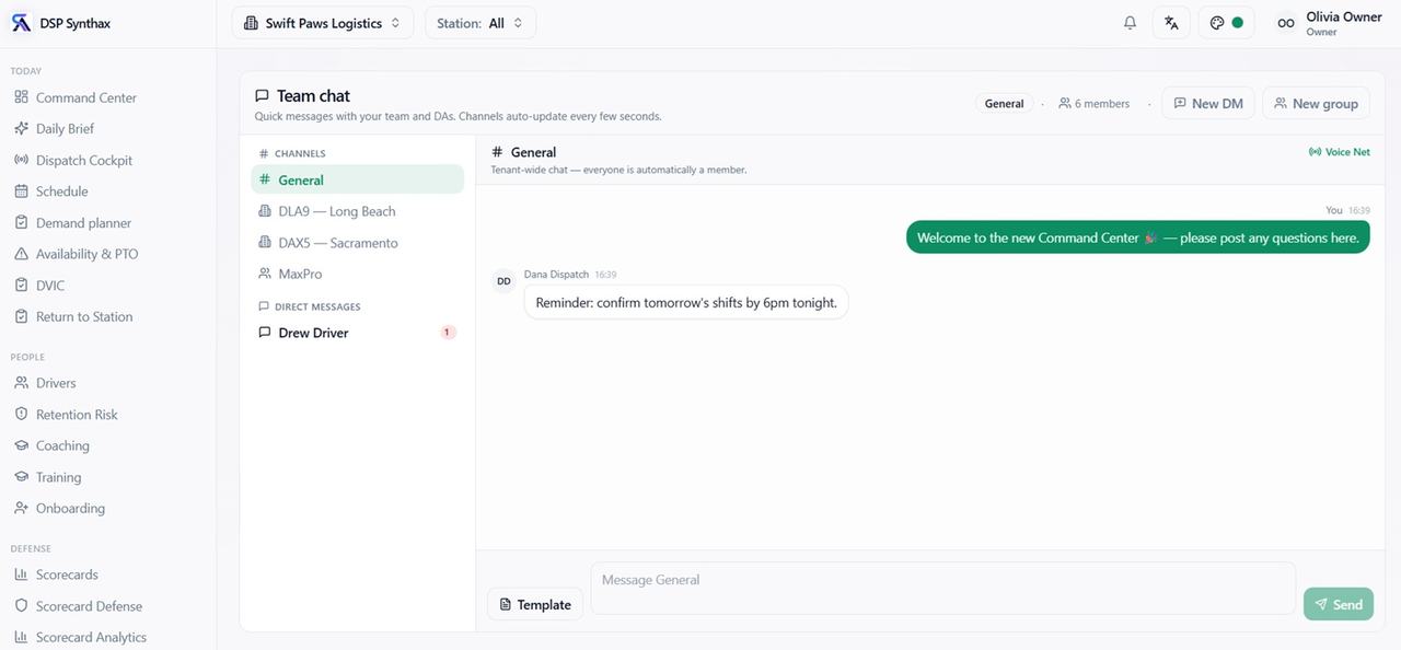 Team chat with station channels and direct messages