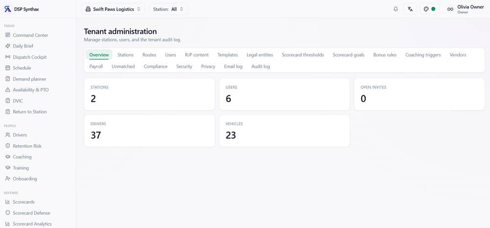 Tenant Administration screen in DSP Synthax